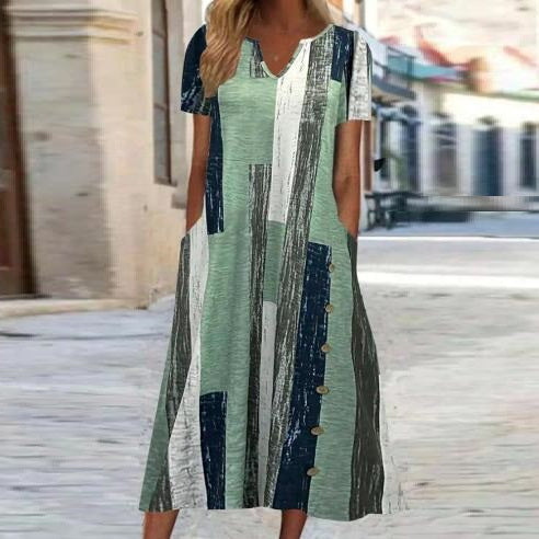 Casual Long Dress with Printed Design and Pockets