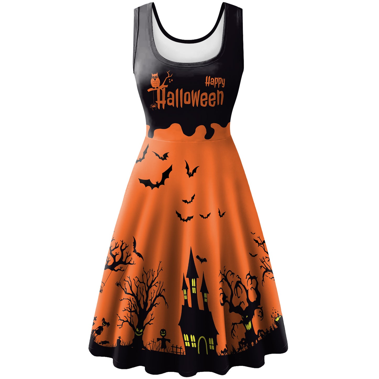 Women's Sleeveless Horror Bat Skeleton Digital Printed Dress