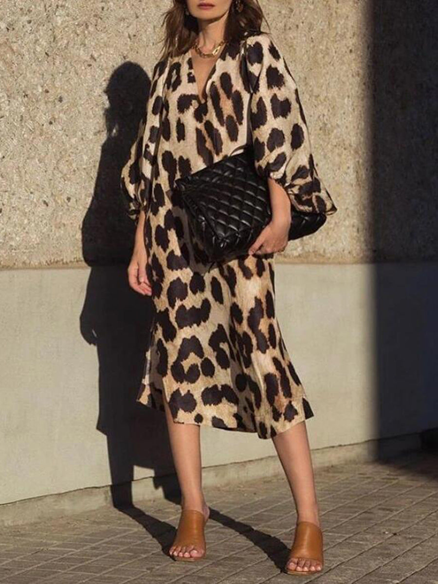 Leopard Print Loose Lantern Sleeve Dress