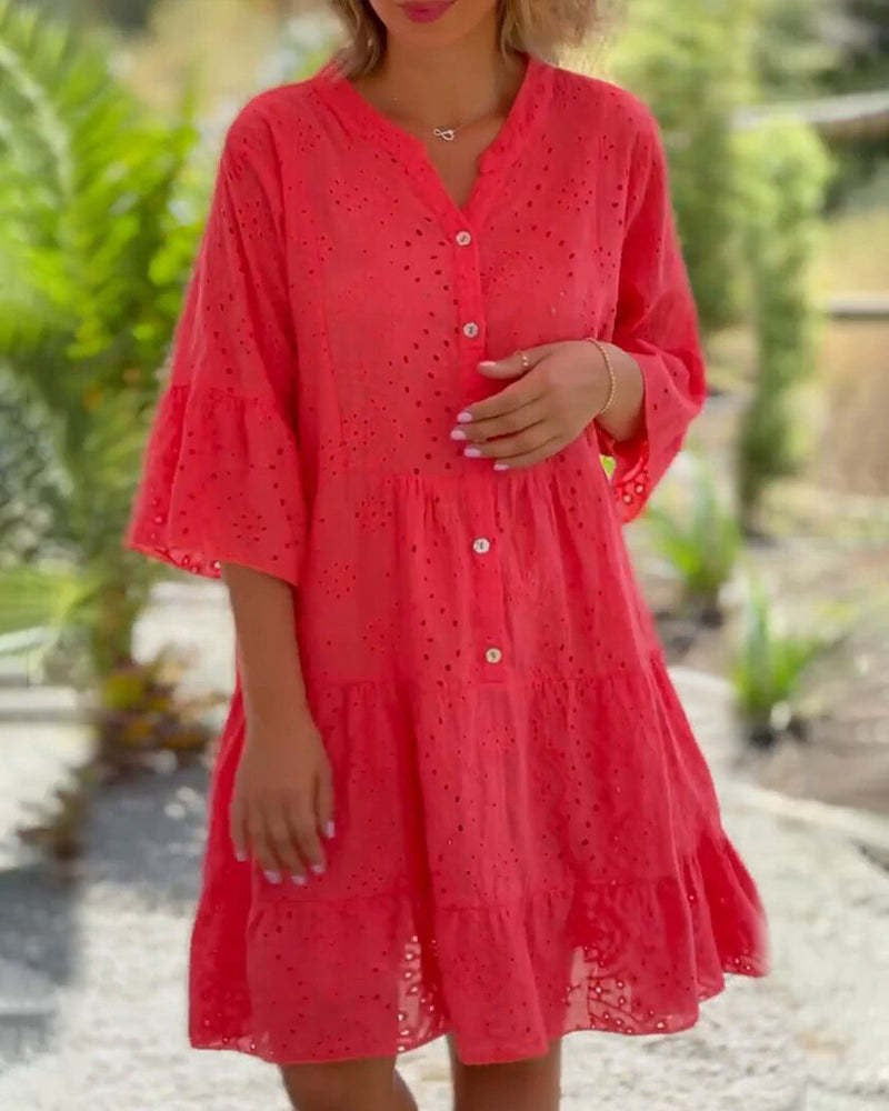 Solid Color And V-neck Loose Cutout Lace Flower Dress