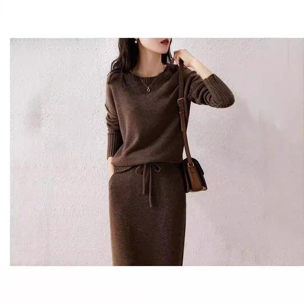 Two-Piece Set: Drawstring High Waist Pure Color Wool Knitted Dress