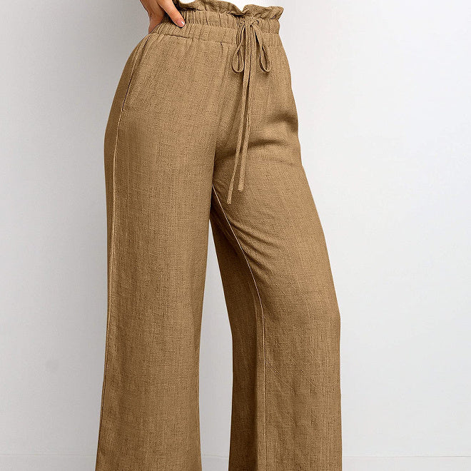 Solid Color Cropped Pants with Elastic Waistband and Lace-Up Wide Legs