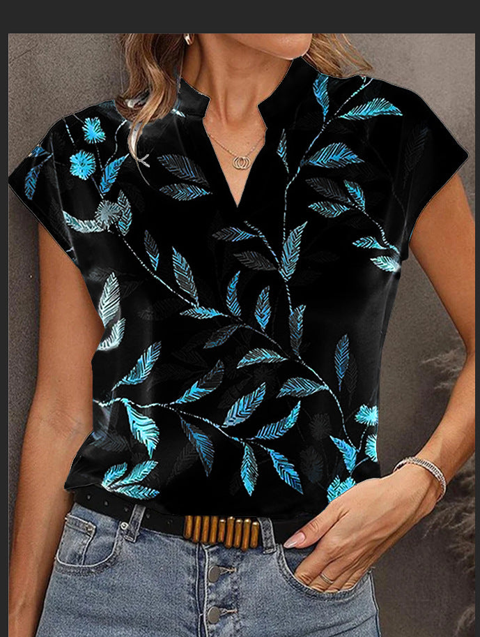 Women's Casual Fashion Printed V-neck Short Sleeved T-shirt