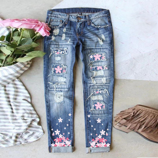 Women's Loose Wide Leg Jeans with Cherry Blossom Print and Water Washed Hole Detail