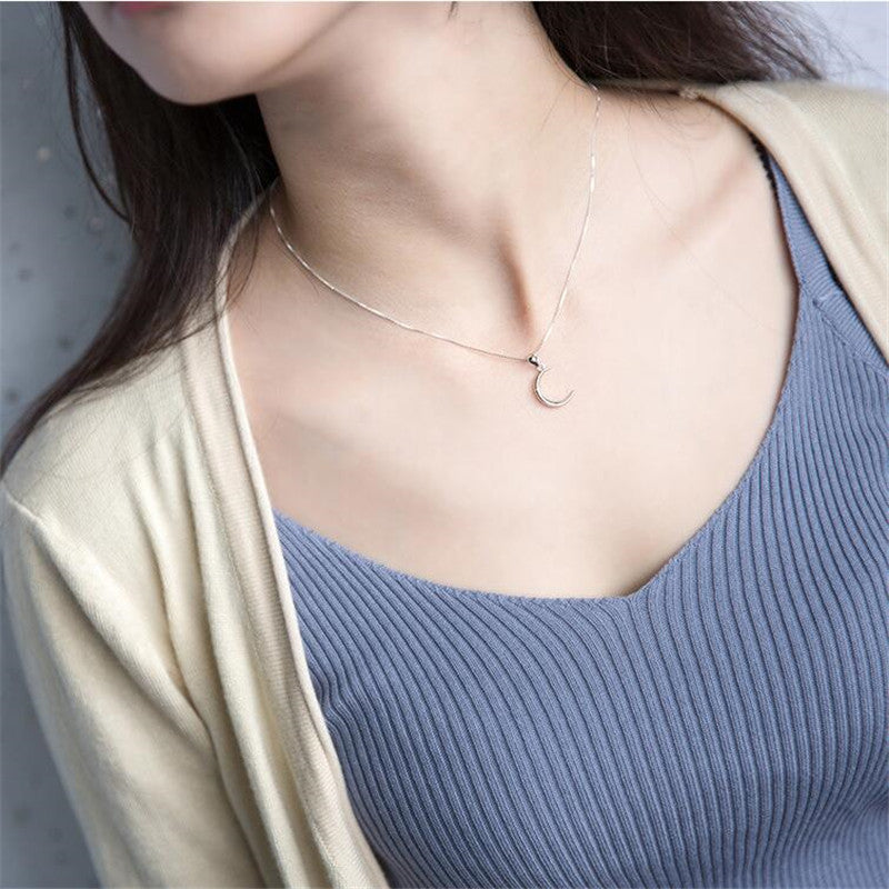 S925 Sterling Silver Sweet Moon Short Glossy Crescent Necklace For Women