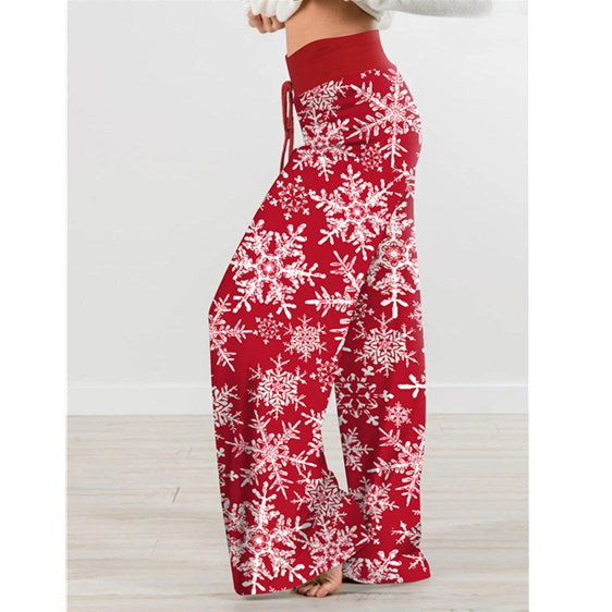 High Waist Christmas Printed Casual Trousers for Women with a Tie