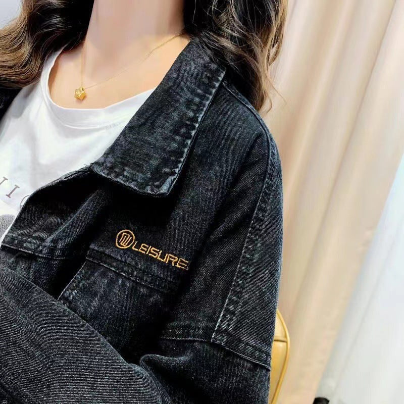 Slimming Loose Black Denim Jacket for Women with Embroidered Lettering