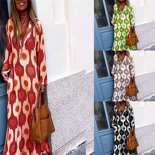 Women's Casual V-neck Long Dress with Fashionable Printing