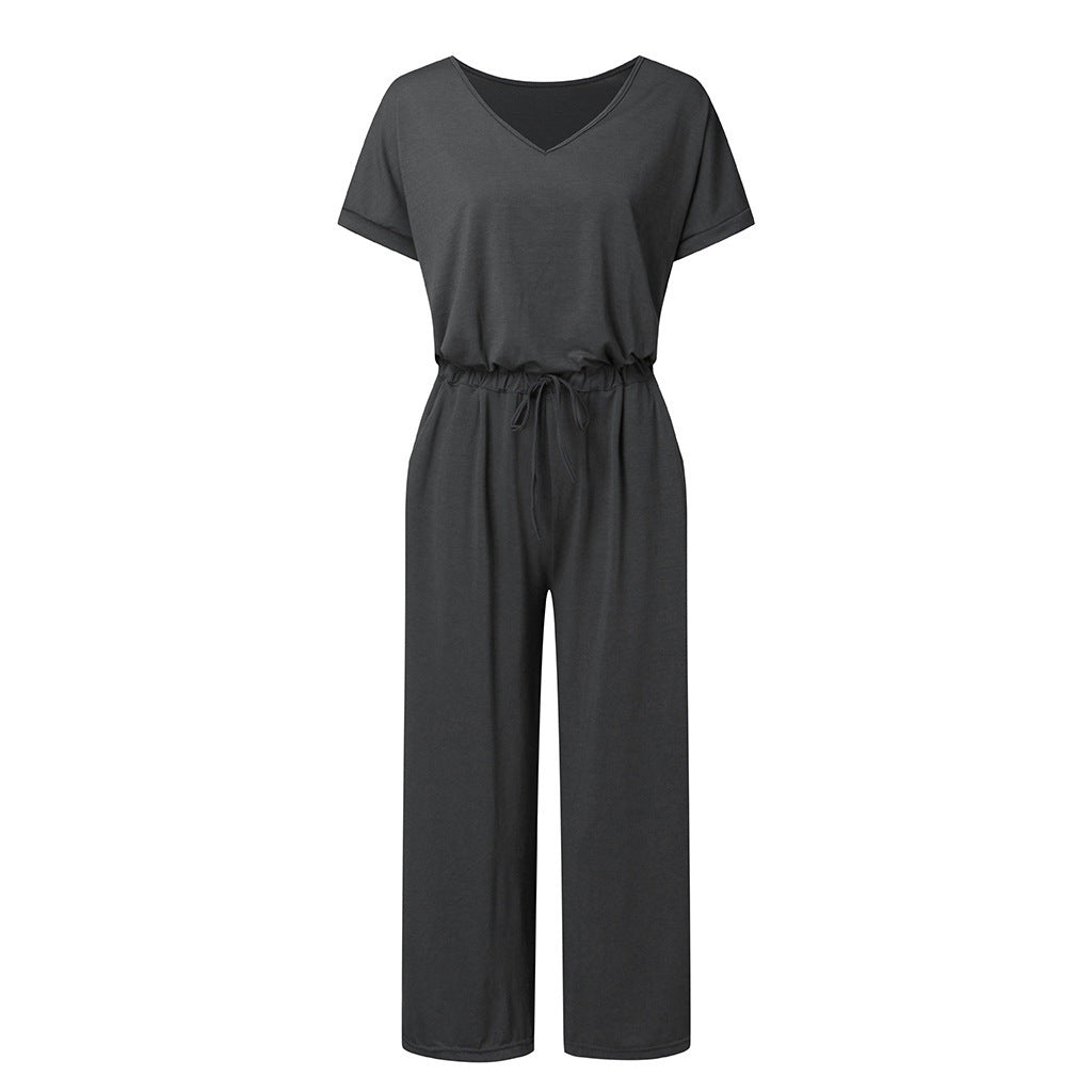 Women's V-Neck Wide-Leg Jumpsuit with Elastic Waist