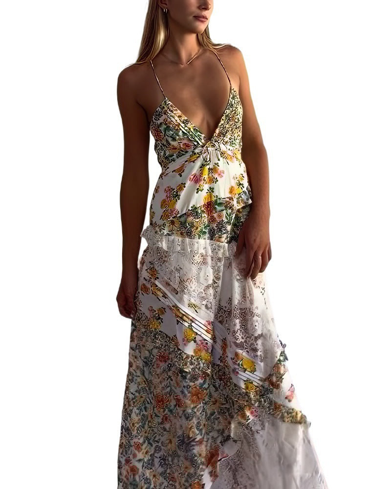 Women's Long Dress with Printed Sling Stitching Hem