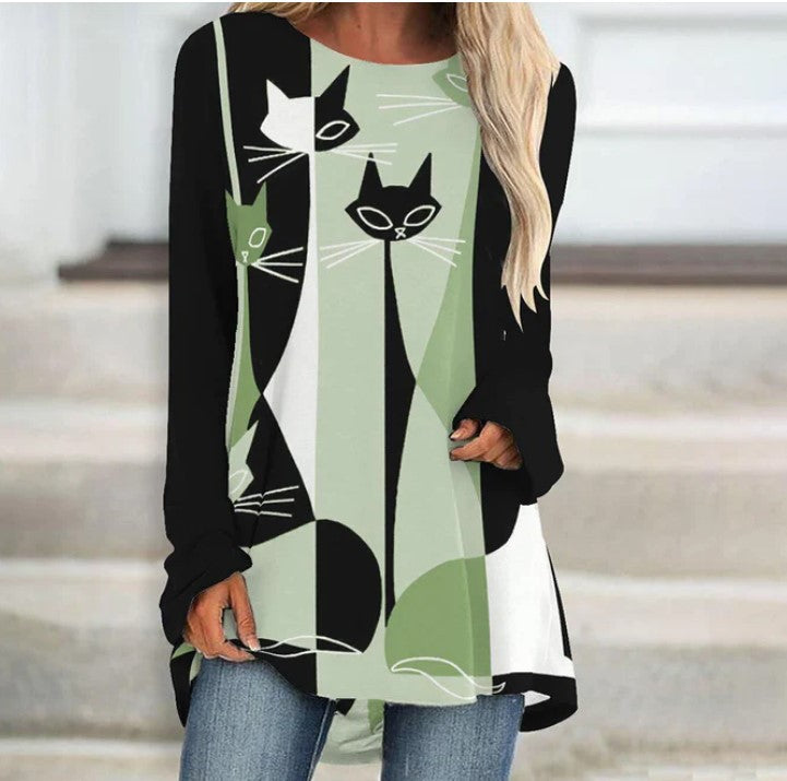 2020 Stylish Loose Round Neck Digital Printed Long-sleeved Top