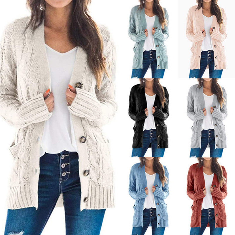 Women's Casual Cardigan Coat Solid Color Twist Button Cardigan Sweater