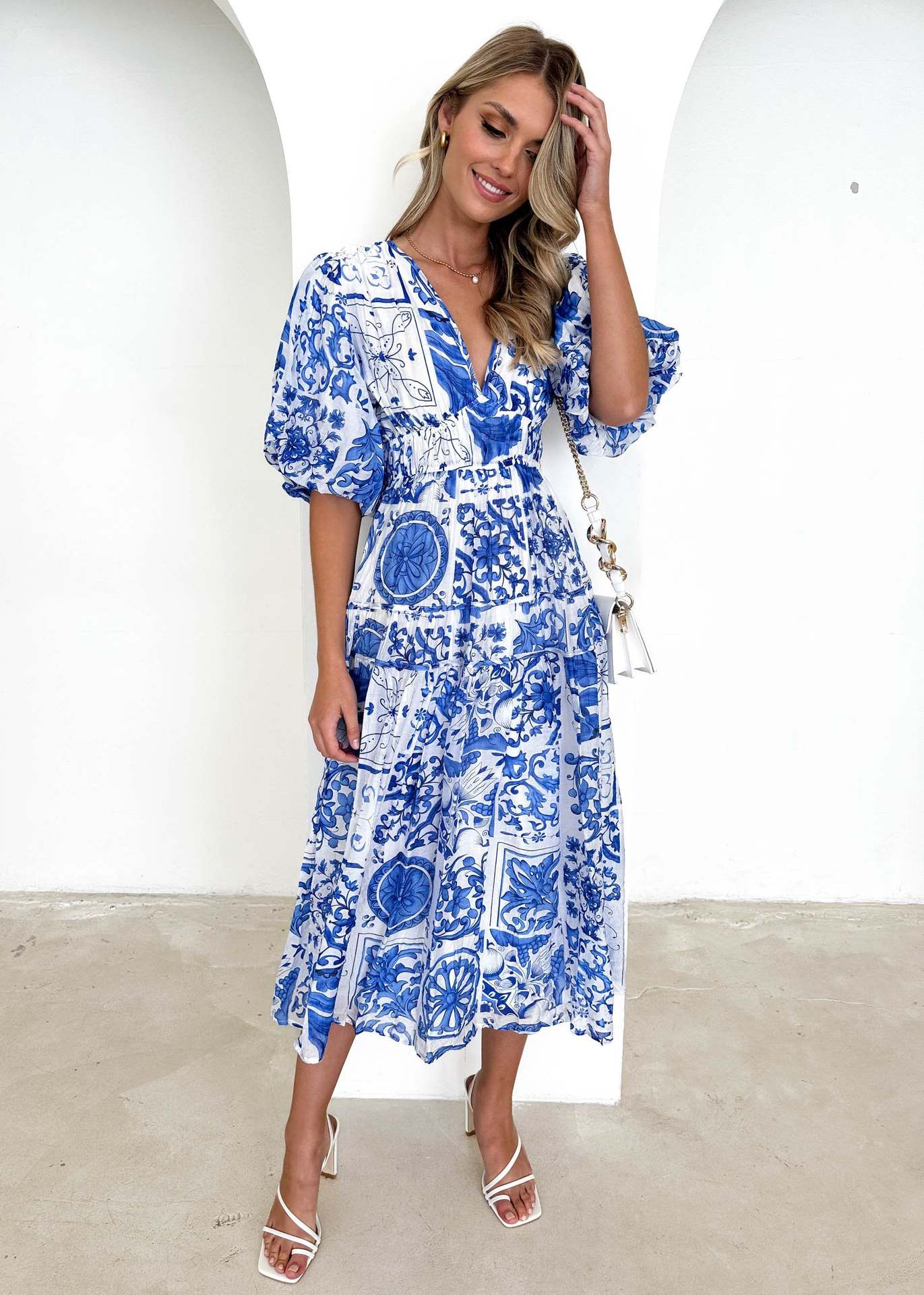 Temperament Leisure Printed V-neck Puff Sleeve Dress Women