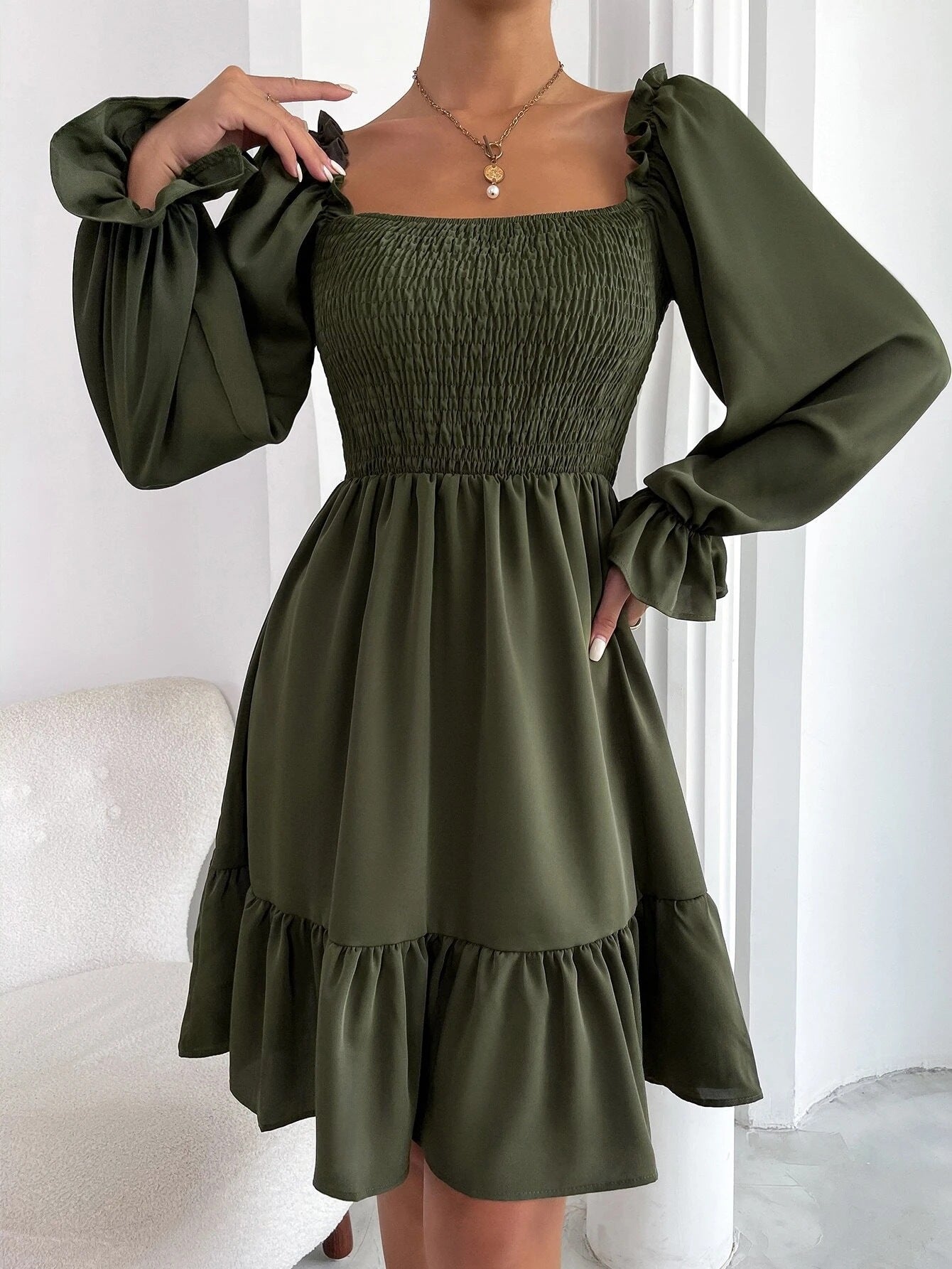 Women's Square Neck Ruffled Swing Dress