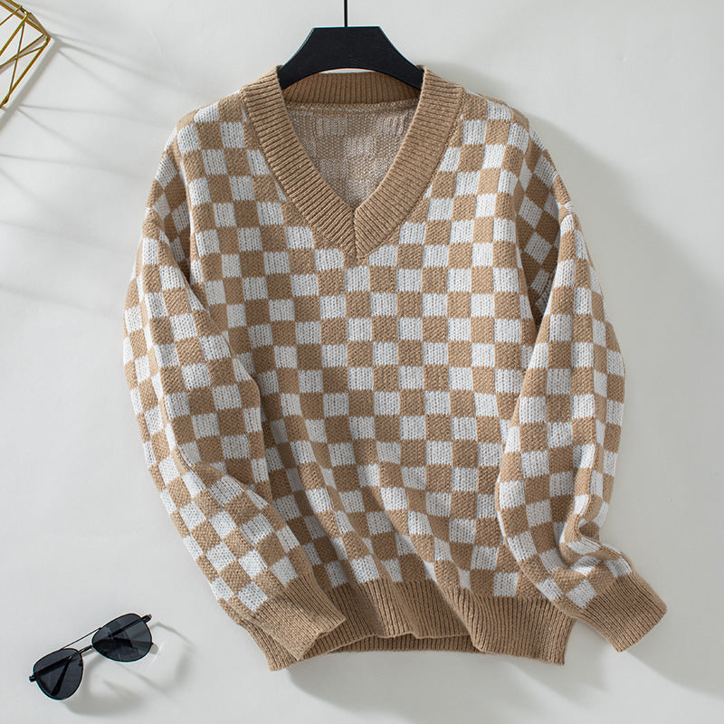 V-Neck Loose Pullover Sweater with Chessboard Plaid and Color Block Design