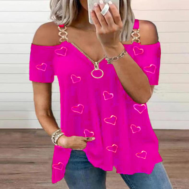 Low Cut Zippered Solid Color Off Shoulder Short Sleeved T-shirt