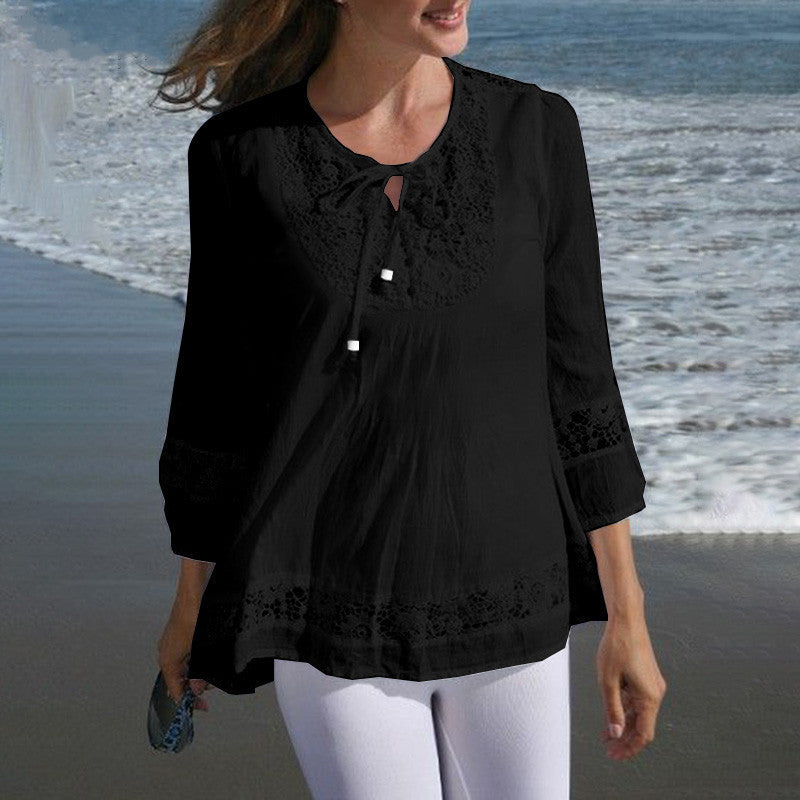 Temperament Sleeve Loose Women's Top: Cotton and Linen Stitching with Lace Detail