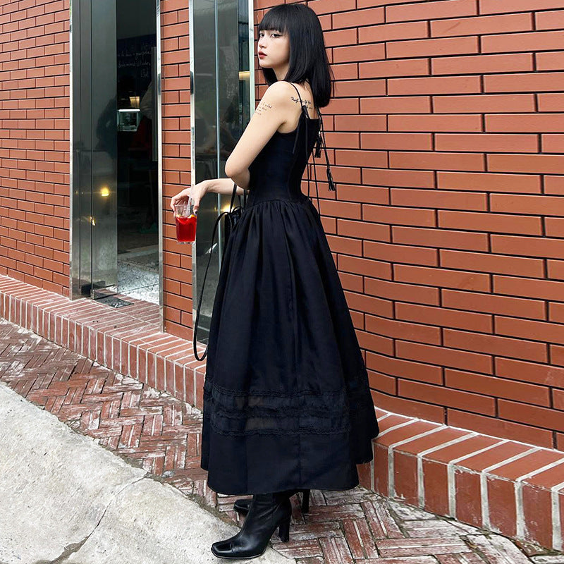 American Lace-up Bow Collar Solid Color Graceful Slip Dress Women