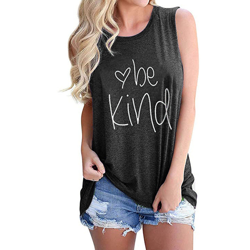 Letter Printed Round Neck Casual Sleeveless T-shirt