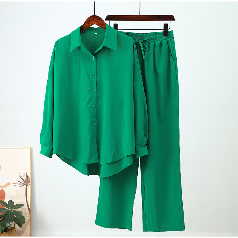 New Loose Elastic Wrinkle Long-Sleeved Shirt and Wide-Leg Pants Casual Suit