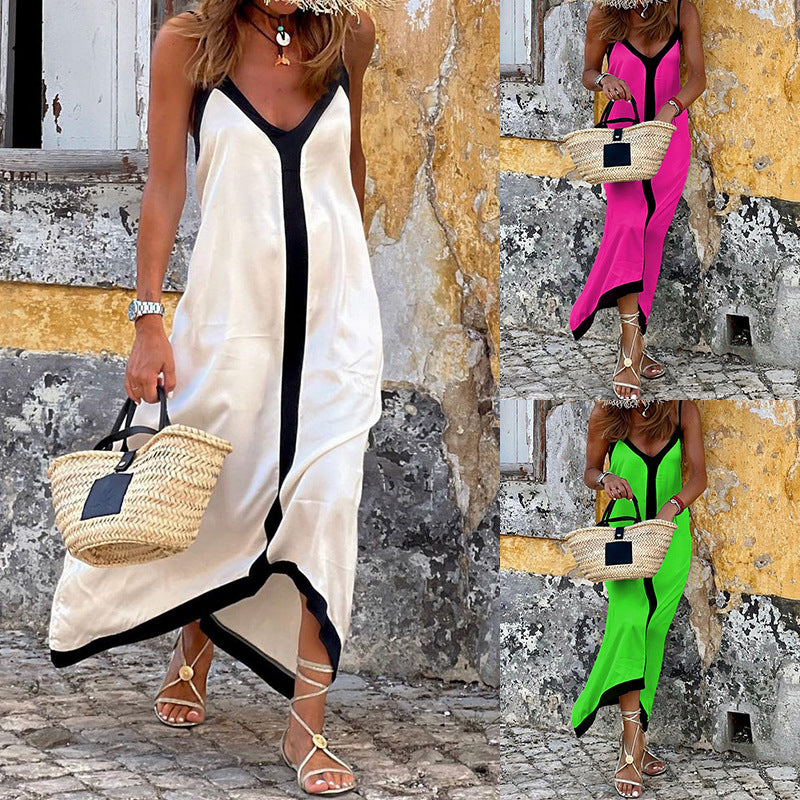 Chic and Casual: Women's Solid Color Sleeveless Midi Dress with Spaghetti Straps and V-neck