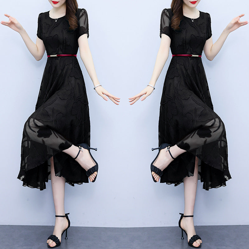 Fashion Round Neck Slim Fit Patchwork Chiffon Jacquard Dress