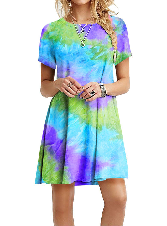 Slim-Fit Dazzling Rainbow Tie-Dye Printed Dress