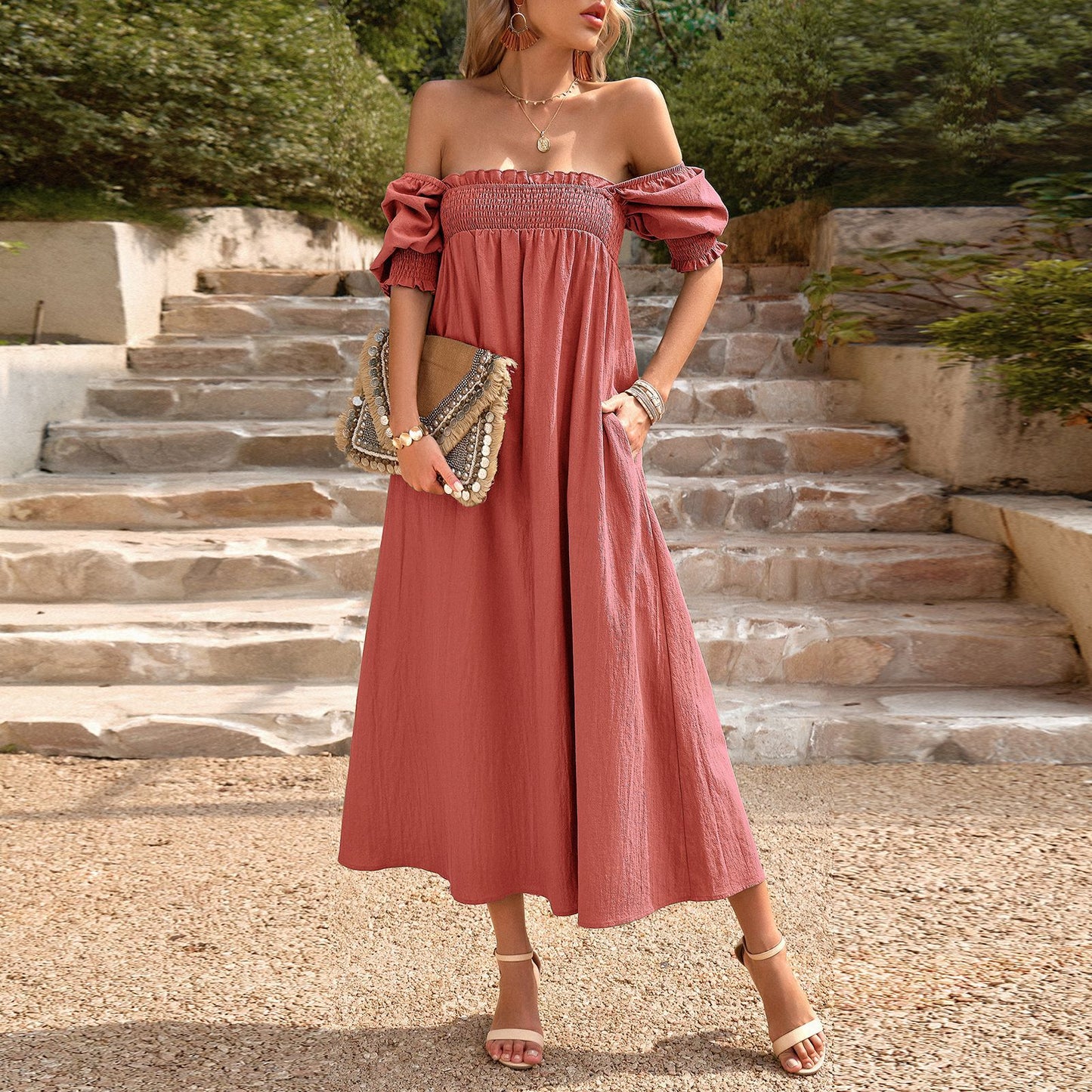 Elegant Solid Color Square Collar Long Dress