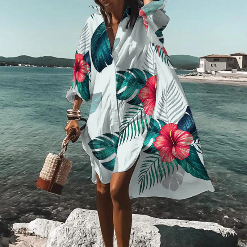 Beach Vacation Printed Blouse Coat Dress