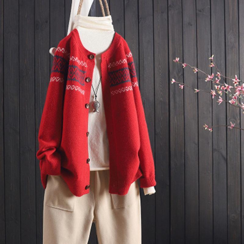 Spring and Autumn Loose Knit Brocade Cardigan Sweater