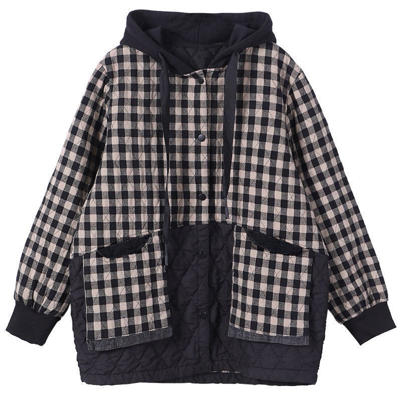 Artistic Plus Size Plaid Cotton-Padded Coat in Cotton Linen