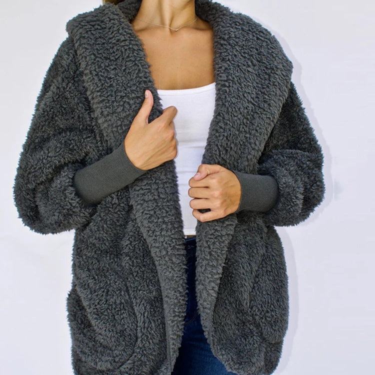 Furry Hooded Cardigan Coat for Women with Pocket Design