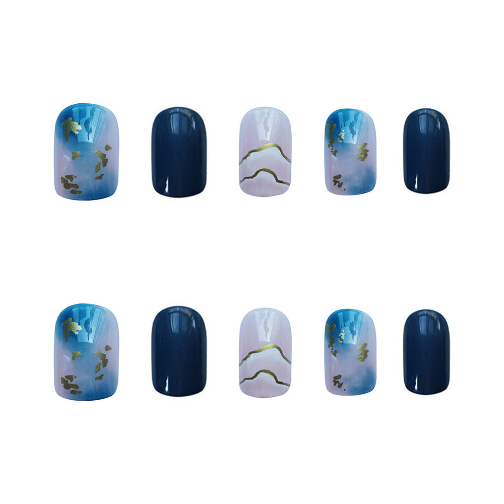 Sea Blue Smudged Fake Nail Stickers Wear Nails