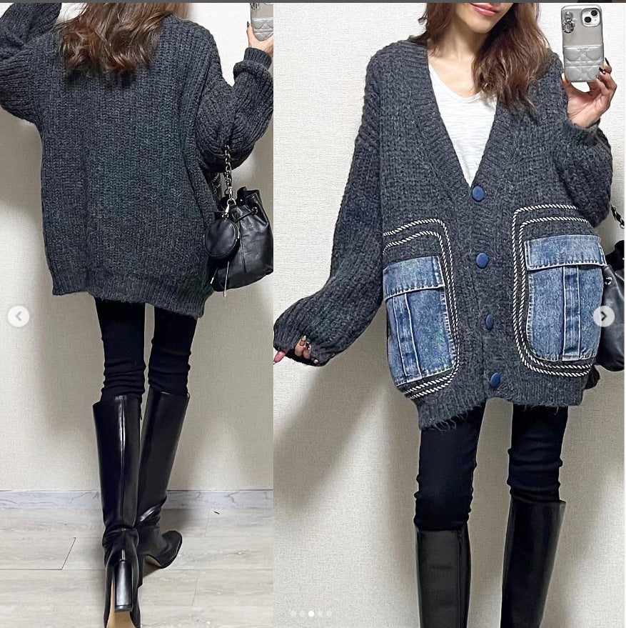 Women's Patchwork Denim Thick Sweater Coat