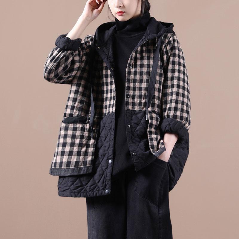 Artistic Plus Size Plaid Cotton-Padded Coat in Cotton Linen