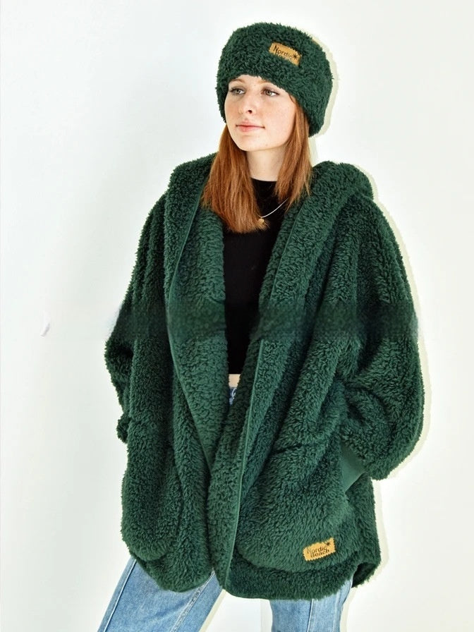 Furry Hooded Cardigan Coat for Women with Pocket Design