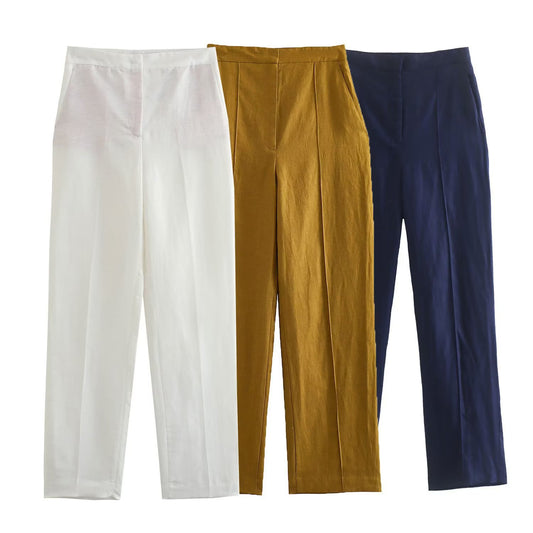 Simple Two-Color Linen Straight-Leg Pants for Women.