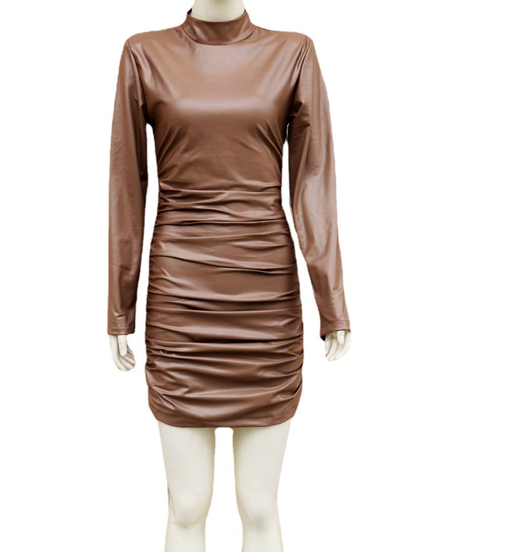 Chic Faux Leather Nightclub Dress: Long Sleeve, Stand Collar, Skinny Sheath - Women's Fashion