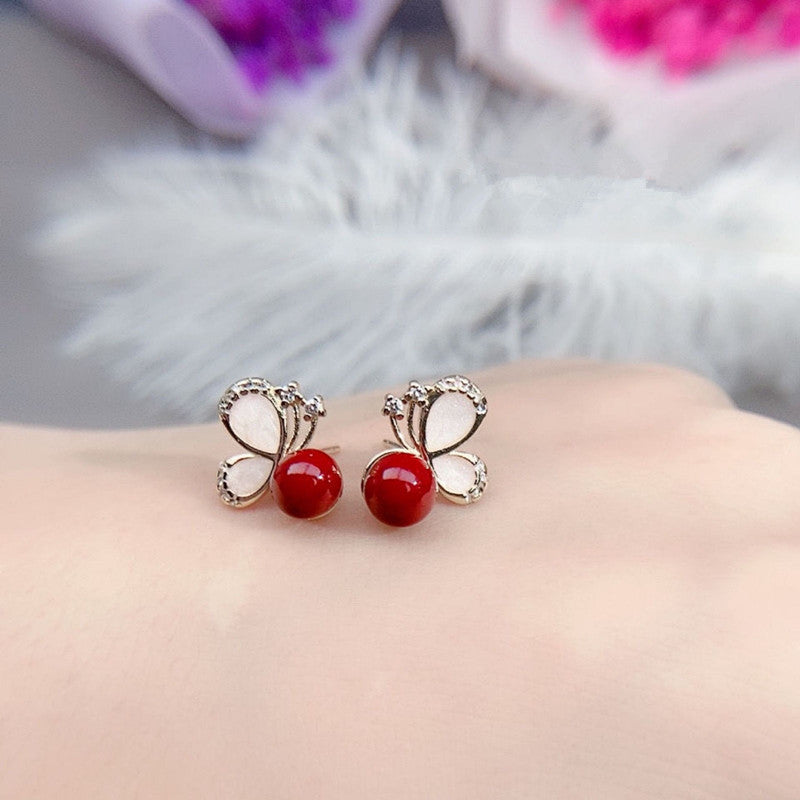 Women's Fashion Simple Raw Ore Cinnabar Ear Studs