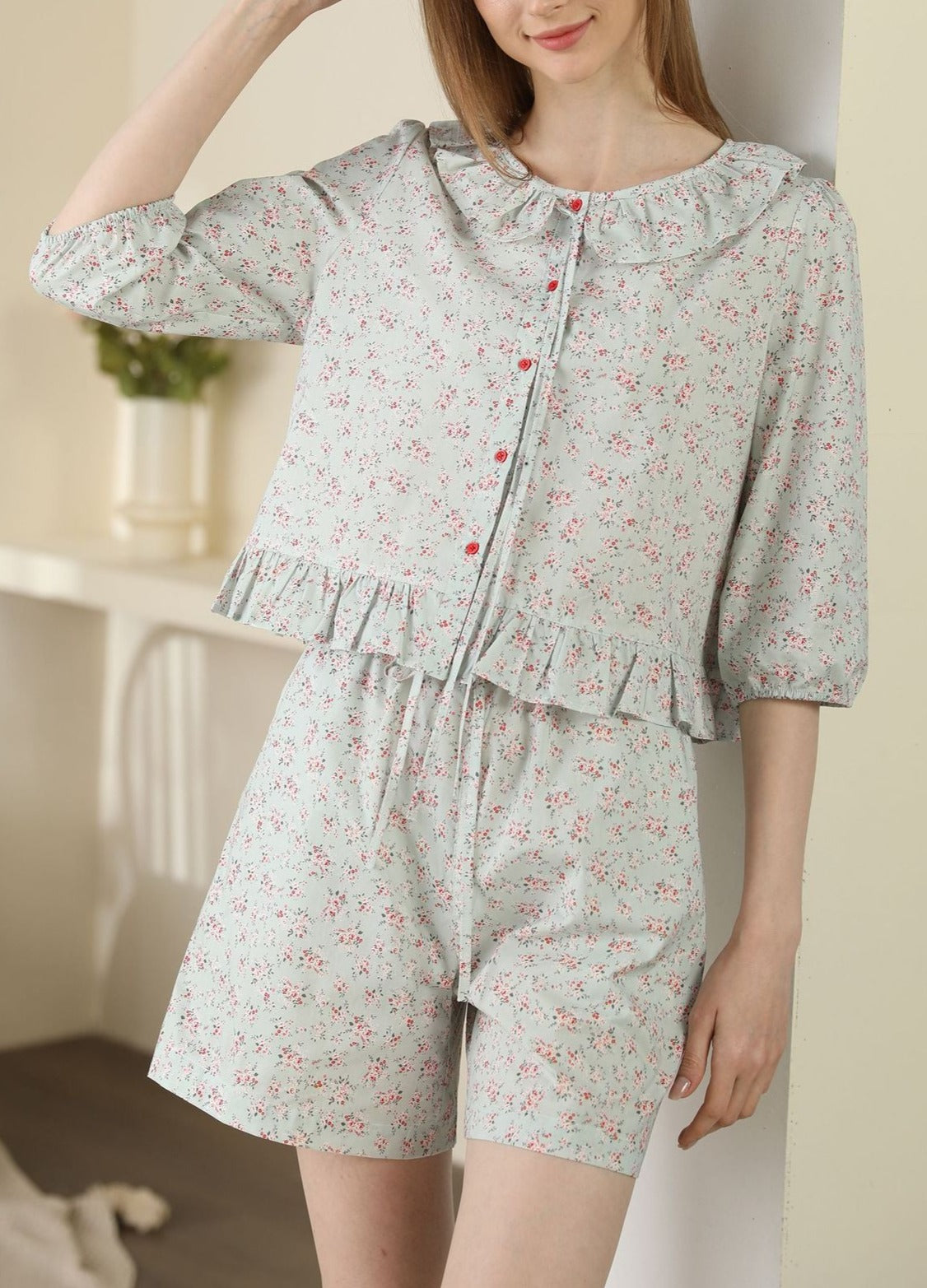 Floral Cardigan Pajama Set Lace Collar