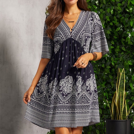 Vibrant Summer V-neck Floral Print Bohemian Beach Dress for Casual Holidays