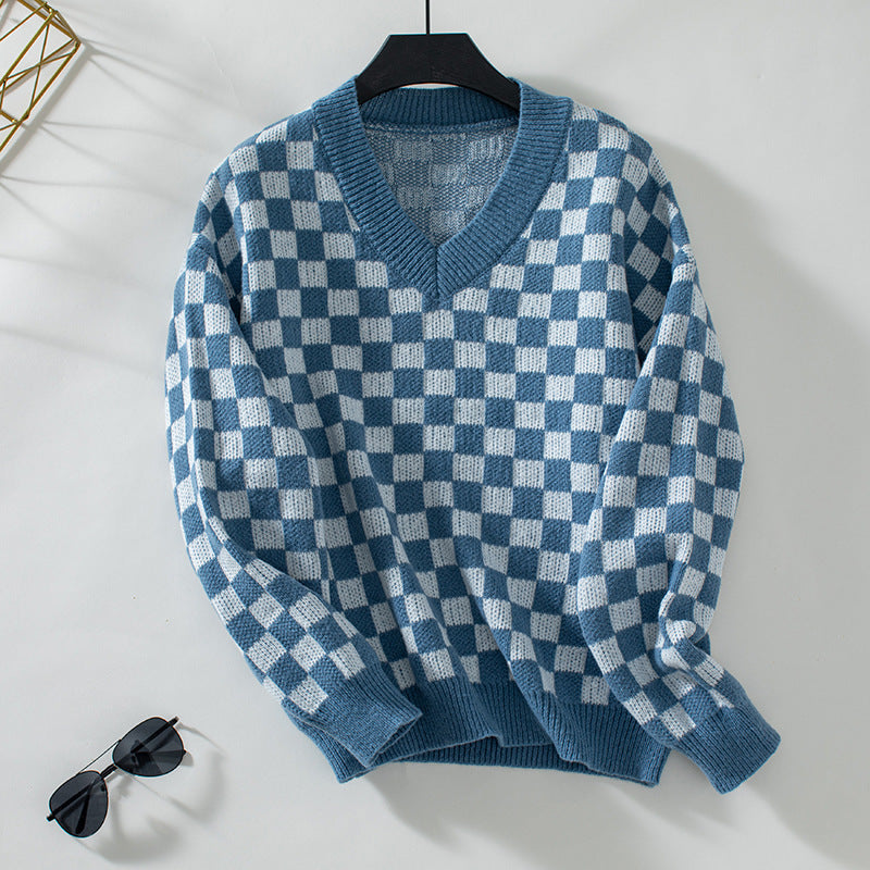 V-Neck Loose Pullover Sweater with Chessboard Plaid and Color Block Design