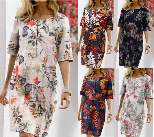 Vintage Summer Dress for Women with Floral Leaf Print, Slit, Round Neck, and Half Sleeves