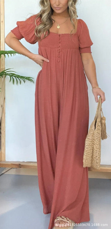 Solid Color Casual Bubble Sleeve Jumpsuit