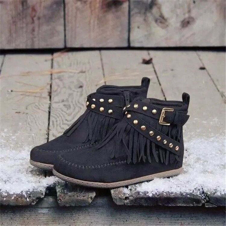 Winter Boots for Women - Retro Ankle Boots with Rivet Tassel and Flat