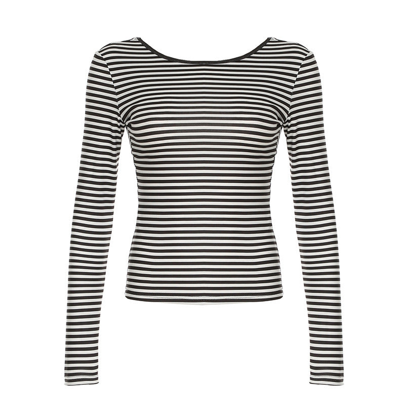 Women's Contrast Color Striped Backless Slim Fit Bottoming Shirt