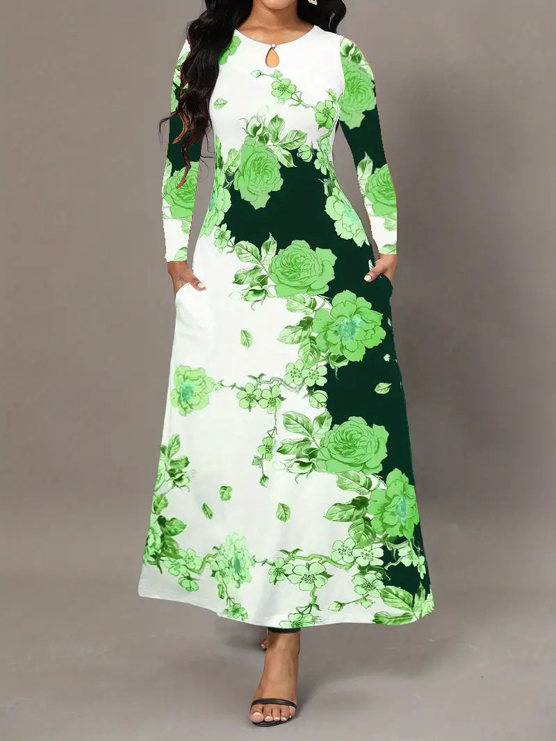 Round Neck Long Sleeve Dress with Printed Pocket and Waist-Controlled Large Hem