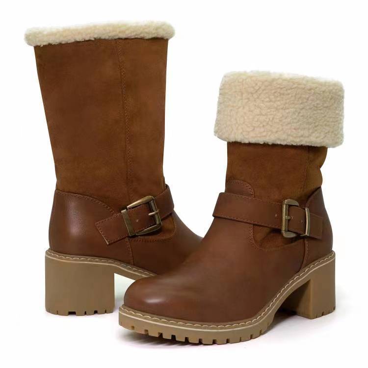 Women's Fashion Western Boots - Warm Winter Round Toe Boots with Buckle