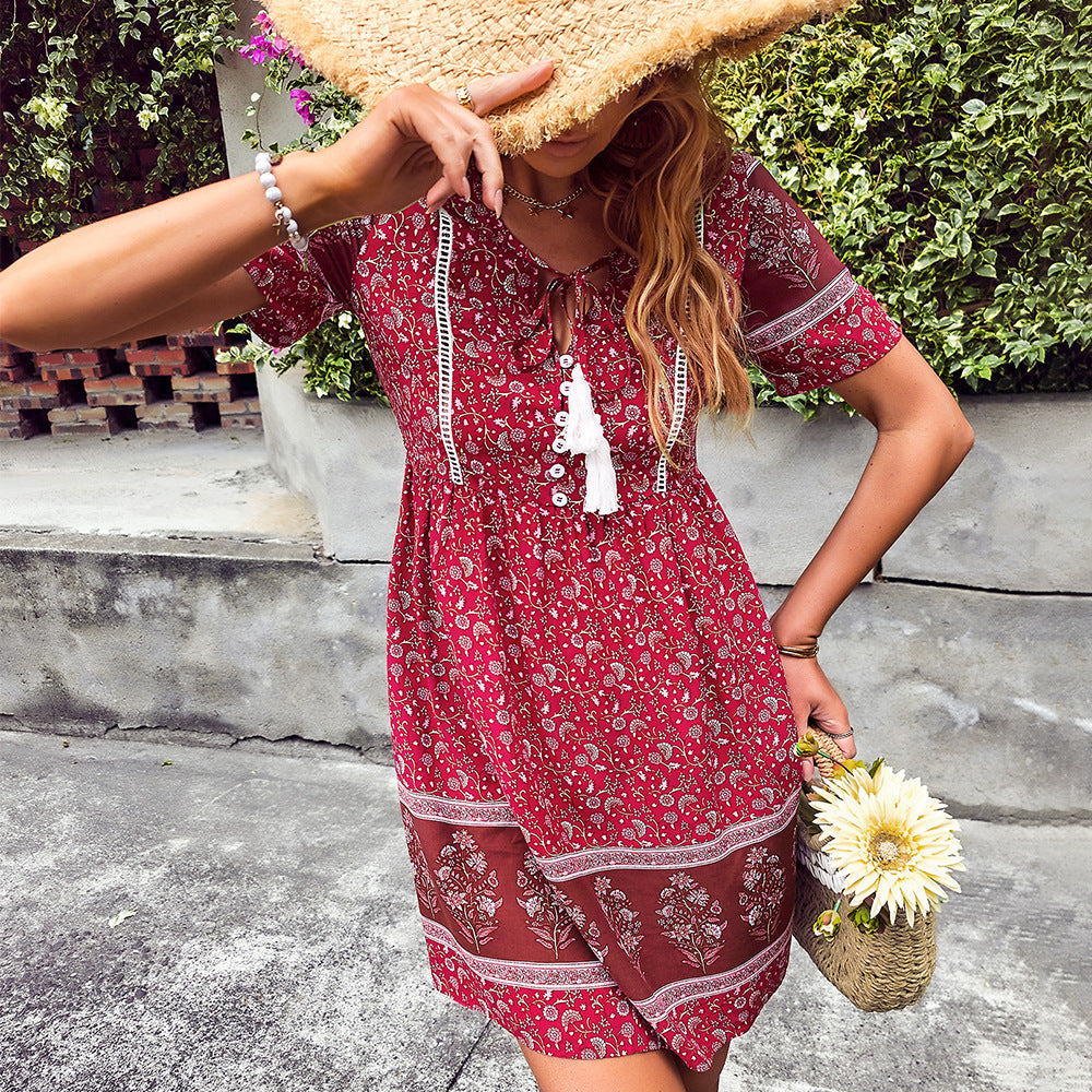 European and American Fashion: Bohemian-Style Print Dress for Women