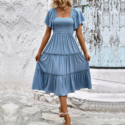 Minimalist Mid-Length Solid Color Dress for Women with a Cross-Border Design